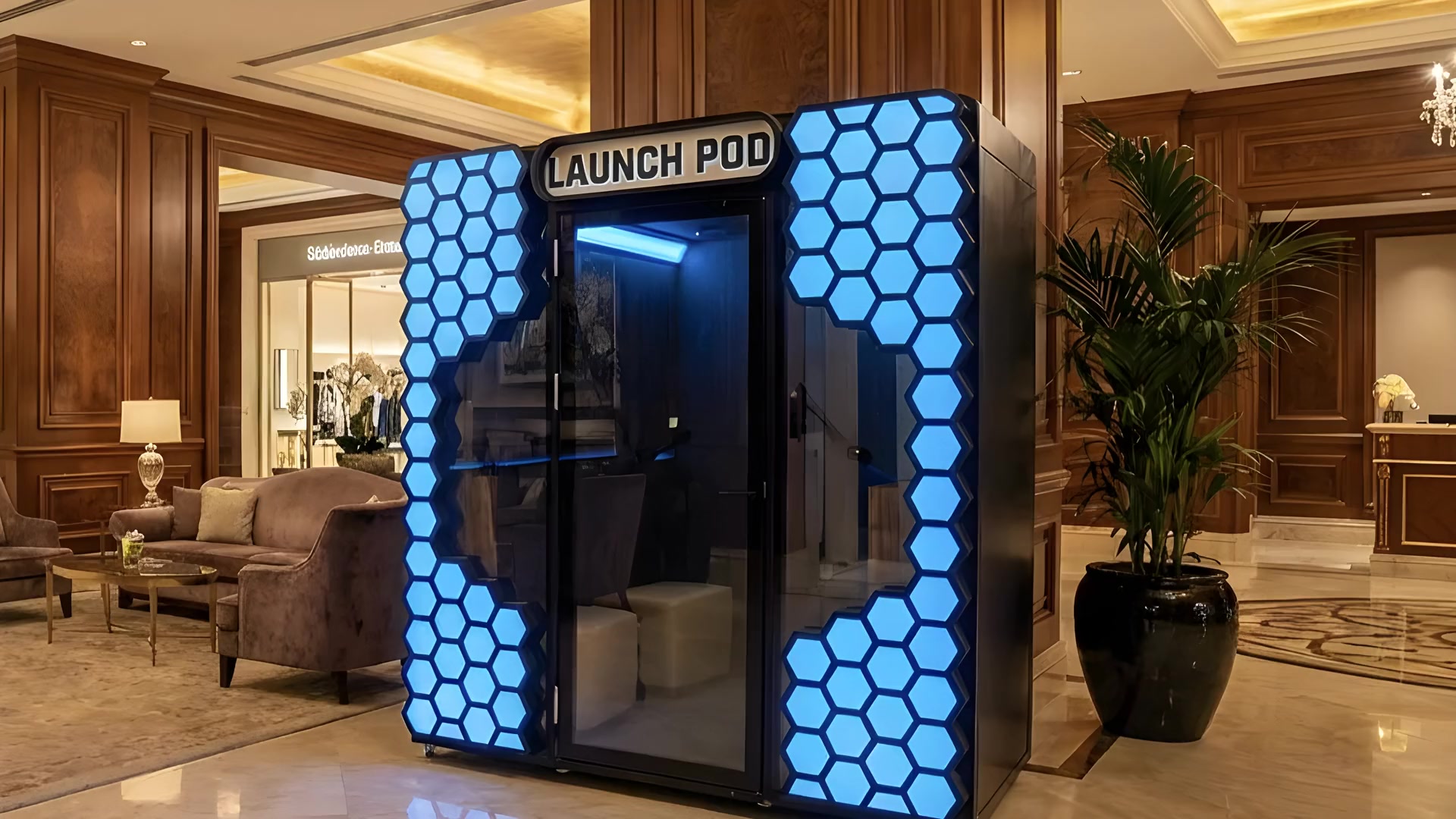 The LaunchPod booth with lit honeycomb panels in a hotel lobby