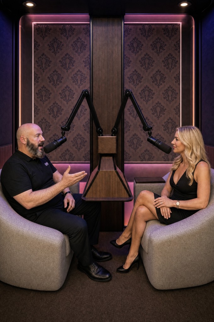 Two people in conversation in the pod's armchairs, boom microphones and a walnut panel between them